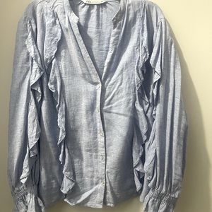 Oxford blue v neck linen blouse w ruffles on front and on sleeves